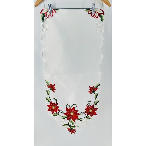 Christmas Table Runner Poinsettia Holly Cut Out 15" x 66" Dining Holiday AB20 - Picture 1 of 16